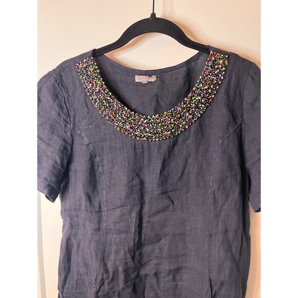 Lina Tomei Navy Blue Linen Short Sleeve Embellished Shift Dress Pockets - Picture 3 of 9